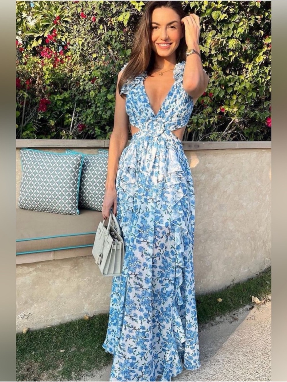 Anne Louise Boutique ABL Blue Floral Ruffle Maxi Dress Mykonos Cassini NWT - Picture 2 of 12